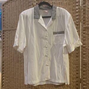 Vintage 80s bowling shirt with pearl buttons, stripes and lace detail